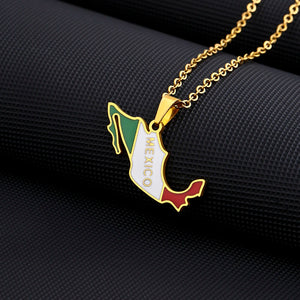 Mexico Map Flag Pendant Necklace Silver Stainless Steel Charm Mexican Jewelry