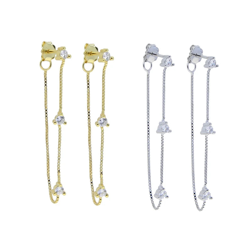 925 Sterling Silver Small Stud Round Cz Tassel Chain Earring
