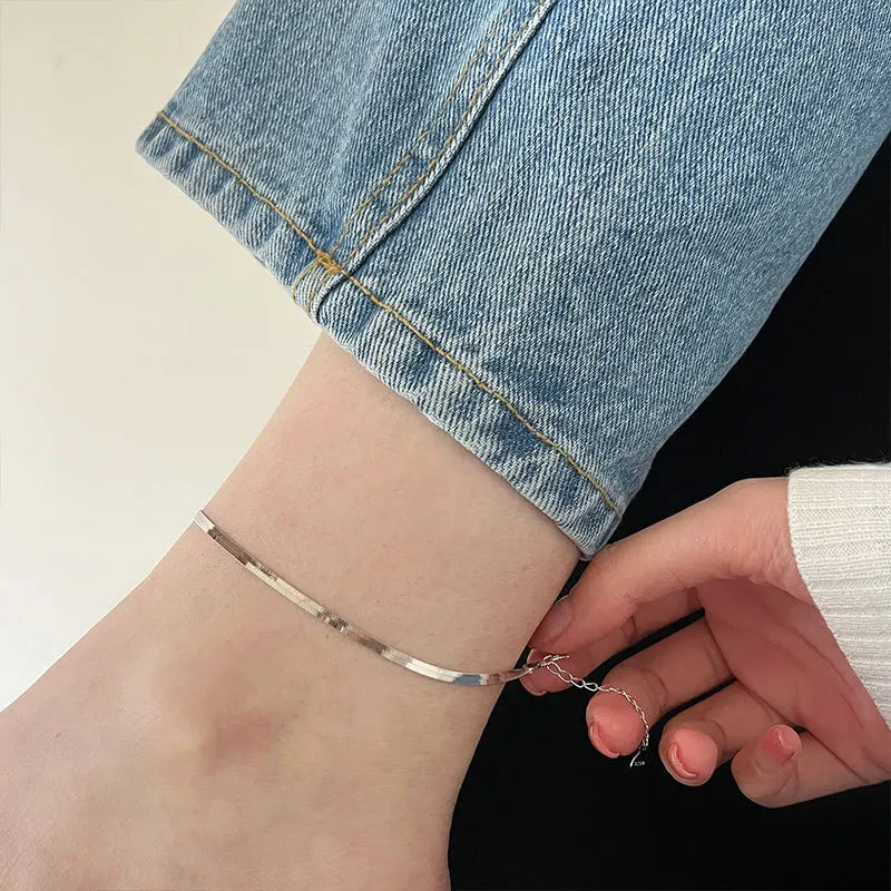 925 Silver Snake Chain Anklet for Women Foot Bracelet Leg Jewelry