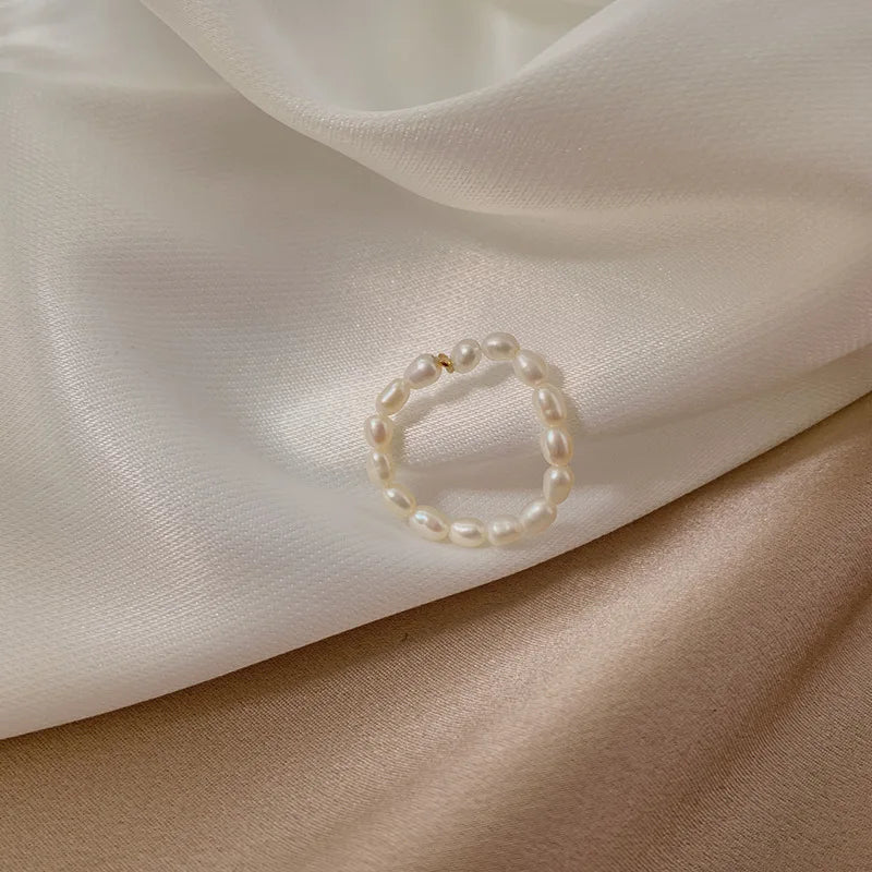 Bead Freshwater Pearl Geometric Rings Elastic Ring