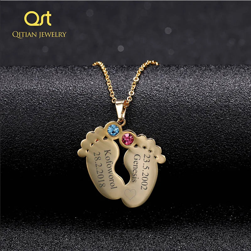 Mom Necklace-Baby Feet with 2 names and birthstone crystals