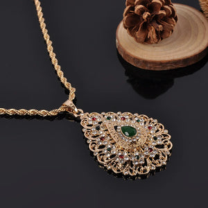 Morocco Water Drop Pendant Necklace with Flower Shape Rhinestone Jewelry
