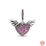 Mother's Pav Heart & Angel Wings Pendant 925 Silver Love Glass Beads