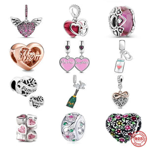 Mother's Pav Heart & Angel Wings Pendant 925 Silver Love Glass Beads