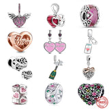 Mother's Pav Heart & Angel Wings Pendant 925 Silver Love Glass Beads