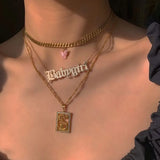 Layer Butterfly Dragon Crystal Necklaces Women Punk Golden Angel Letter Chain