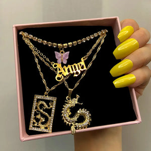 Layer Butterfly Dragon Crystal Necklaces Women Punk Golden Angel Letter Chain