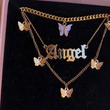 Layer Butterfly Dragon Crystal Necklaces Women Punk Golden Angel Letter Chain