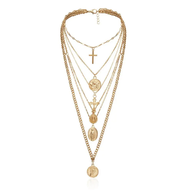 Layer Carved Coin Angel Pendant Choker Necklace Gothic Virgin Mary Cross