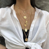 Layer Carved Coin Angel Pendant Choker Necklace Gothic Virgin Mary Cross