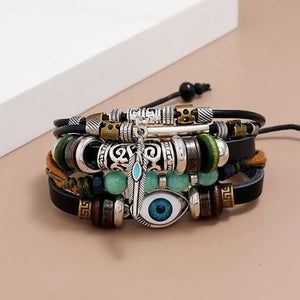 Beaded Evil Eyes Leather Couple Bracelets Stainless Steel Bracelet