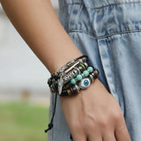 Beaded Evil Eyes Leather Couple Bracelets Stainless Steel Bracelet