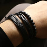 Multi-layer Weave Wood Beads Brown Leather Bracelets