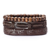 Multi-layer Weave Wood Beads Brown Leather Bracelets