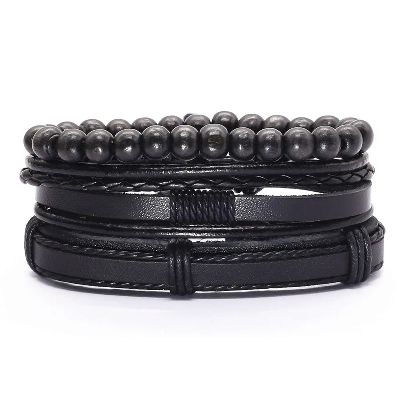 Multi-layer Weave Wood Beads Brown Leather Bracelets