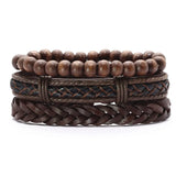 Multi-layer Weave Wood Beads Brown Leather Bracelets