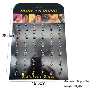 32 Pcs Multicolor Stainless Steel Belly Button Rings Navel Piercing