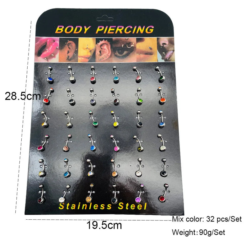 32 Pcs Multicolor Stainless Steel Belly Button Rings Navel Piercing