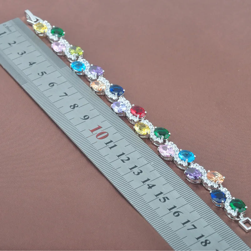 Multicolor Zircinia CZ Silver Link Chain Bracelet