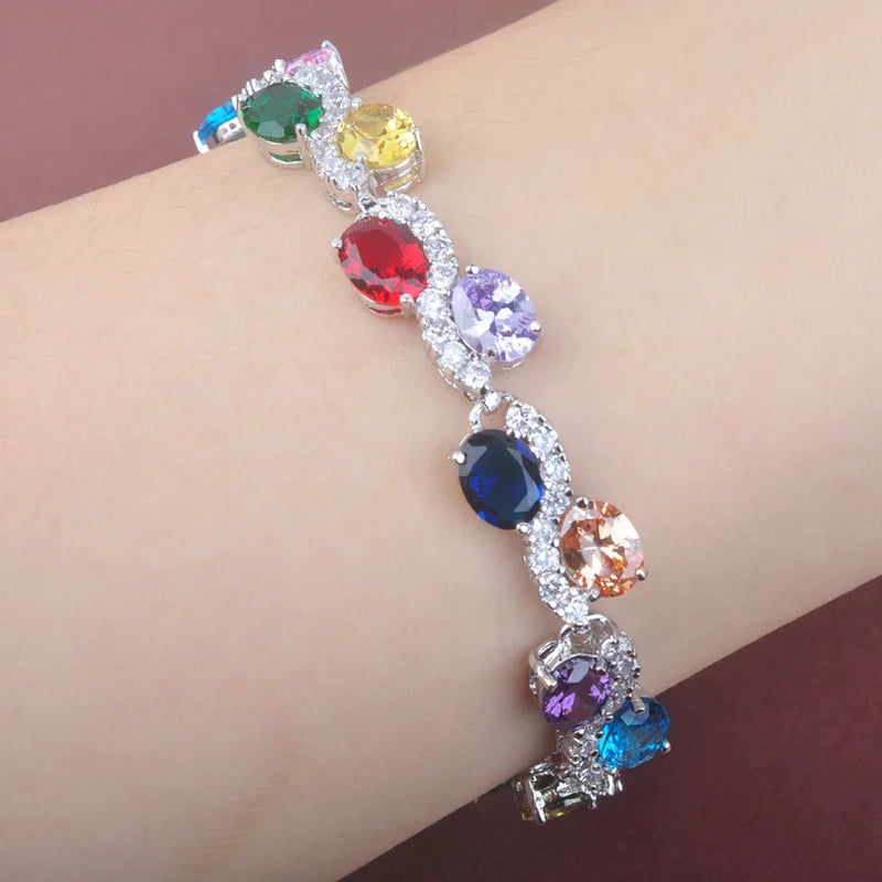 Multicolor Zircinia CZ Silver Link Chain Bracelet