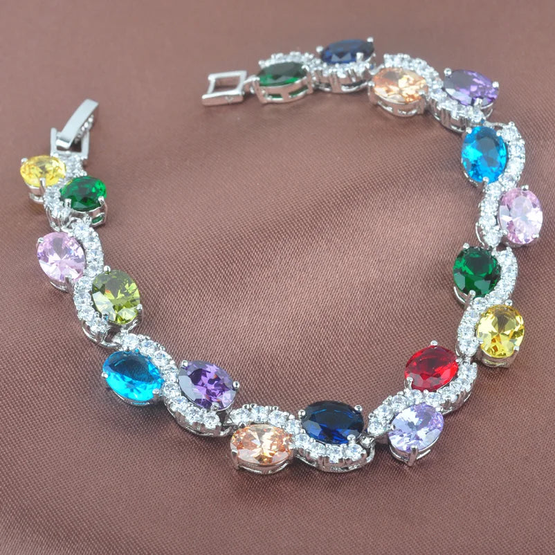 Multicolor Zircinia CZ Silver Link Chain Bracelet