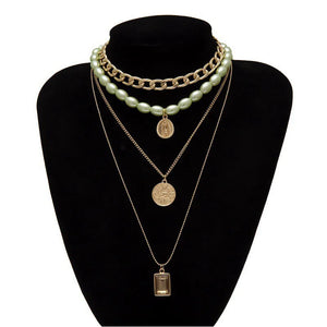 Multilayer Metal Embossed Coin Pendant Necklace Women Cold Wind