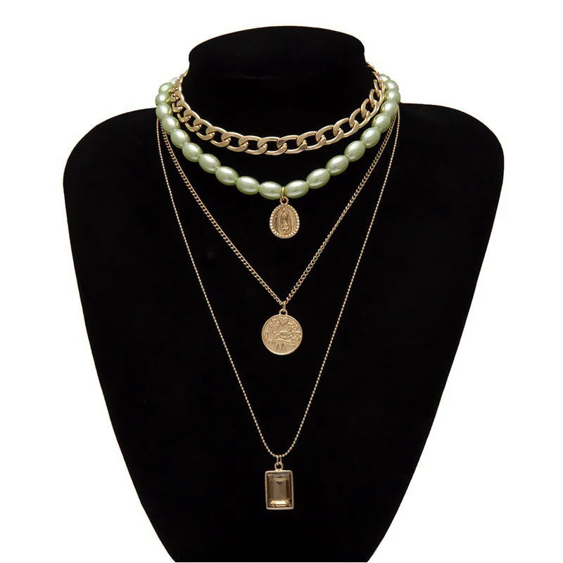 Multilayer Metal Embossed Coin Pendant Necklace Women Cold Wind