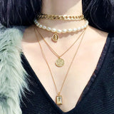 Multilayer Metal Embossed Coin Pendant Necklace Women Cold Wind