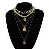 Multilayer Metal Embossed Coin Pendant Necklace Women Cold Wind