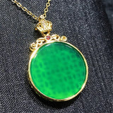 Natural Green Chalcedony Inlaid Round Wushi Pendant