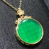 Natural Green Chalcedony Inlaid Round Wushi Pendant
