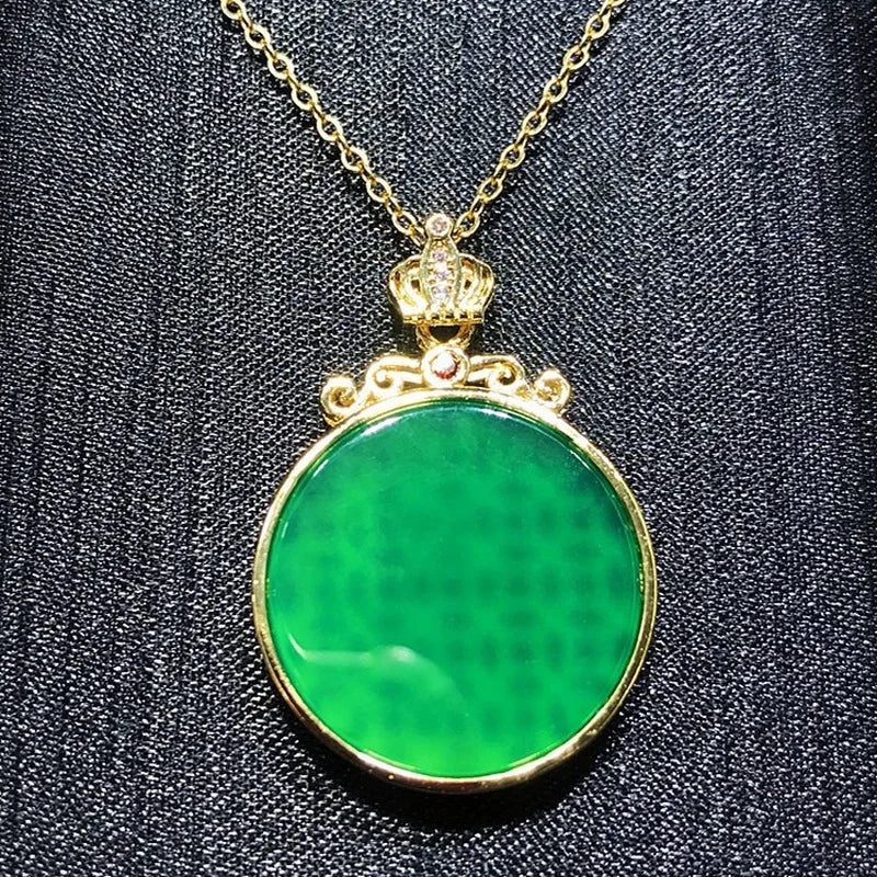 Natural Green Chalcedony Inlaid Round Wushi Pendant