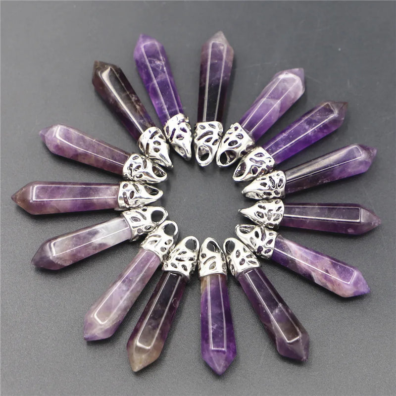 Amethyst Stone Pillar Point Pendants Charms Hexagonal Column Pendulum