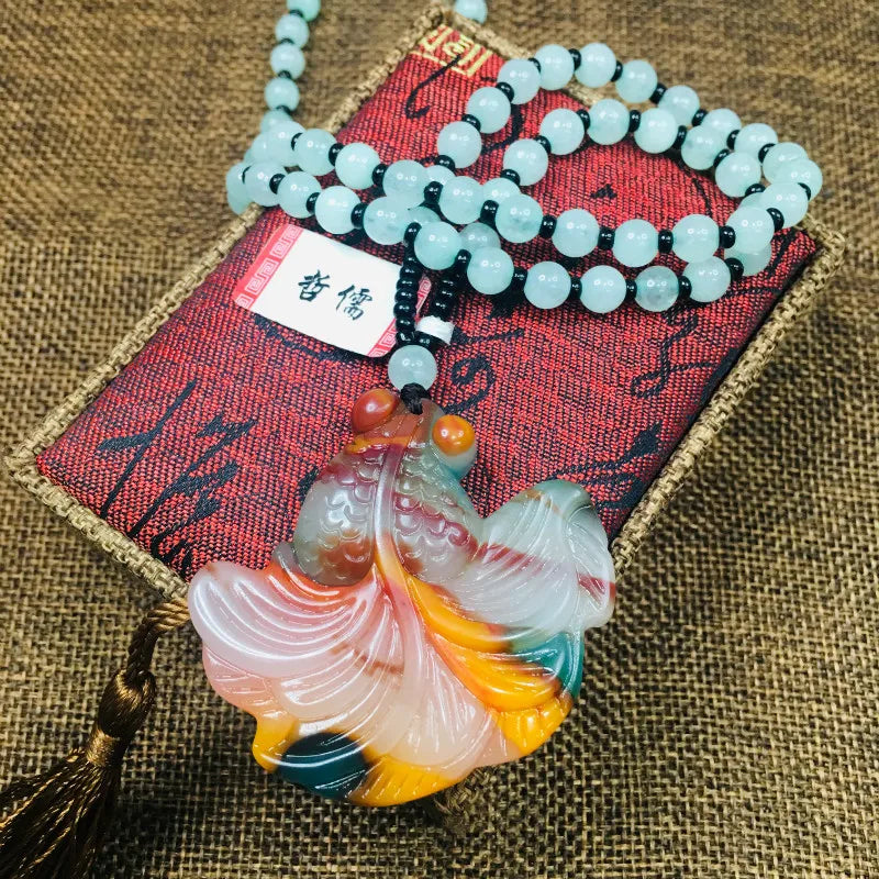 Colorful Stone Goldfish Pendant with Green Bead Chain