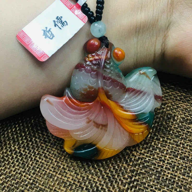 Colorful Stone Goldfish Pendant with Green Bead Chain