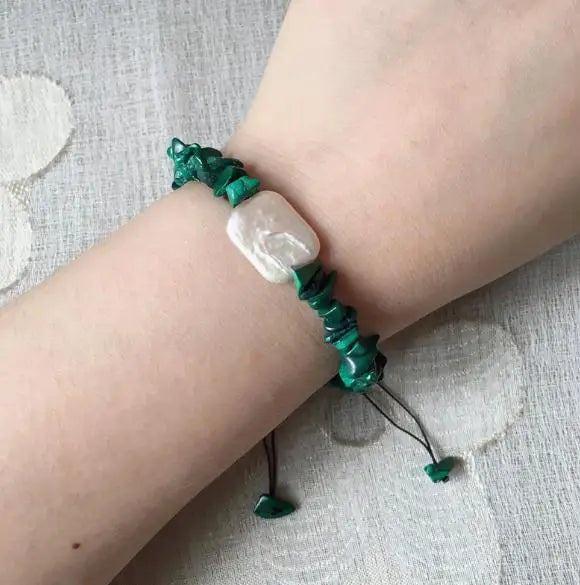 Baroque Pearl Charm Bracelet Reiki Lapis Malachite Chips Gemstone Strand