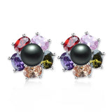 Freshwater Pearl Earrings Zircon Flower Stud 925 Silver Jewelry