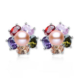 Freshwater Pearl Earrings Zircon Flower Stud 925 Silver Jewelry