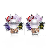 Freshwater Pearl Earrings Zircon Flower Stud 925 Silver Jewelry
