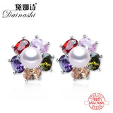 Freshwater Pearl Earrings Zircon Flower Stud 925 Silver Jewelry
