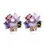 Freshwater Pearl Earrings Zircon Flower Stud 925 Silver Jewelry