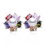 Freshwater Pearl Earrings Zircon Flower Stud 925 Silver Jewelry