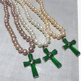 Freshwater Pearl Pink Purple Jades Cross Pendant Necklace