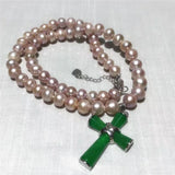 Freshwater Pearl Pink Purple Jades Cross Pendant Necklace