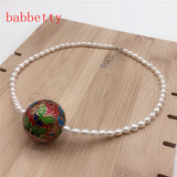 Freshwater Pearl Necklace with Cloisonne Pendant and Tibetan Silver Clasp