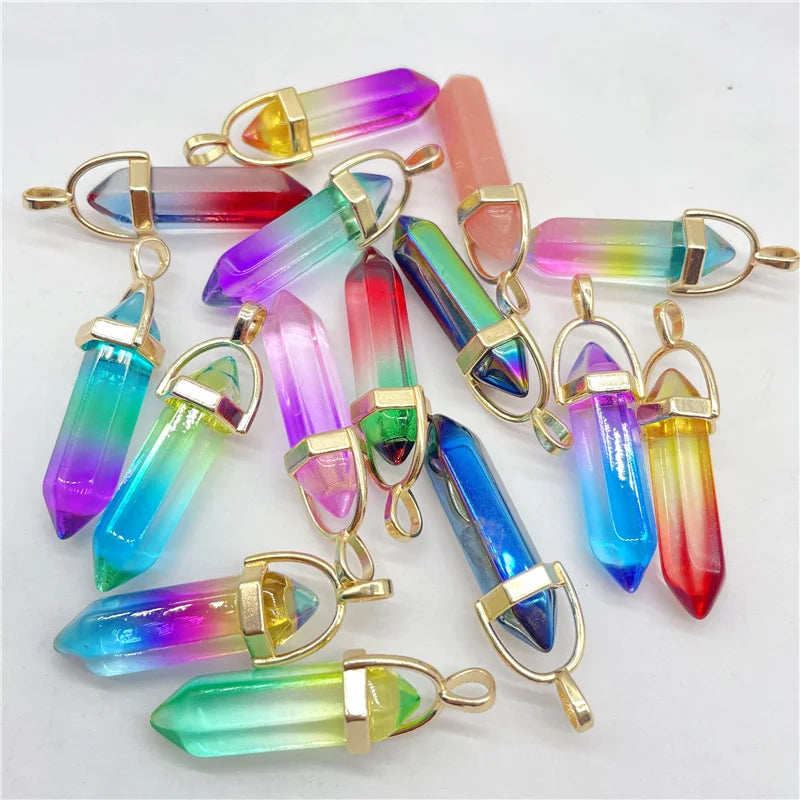 Gem Stone Quartz Multicolored Crystal Hexagonal Pendulum Pendant Charms