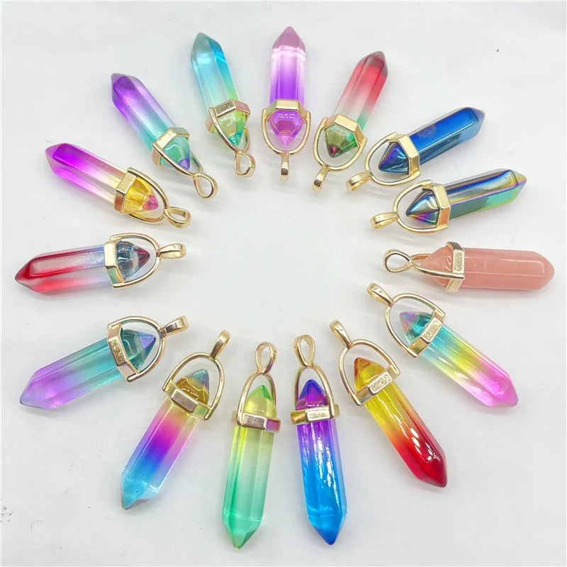 Gem Stone Quartz Multicolored Crystal Hexagonal Pendulum Pendant Charms
