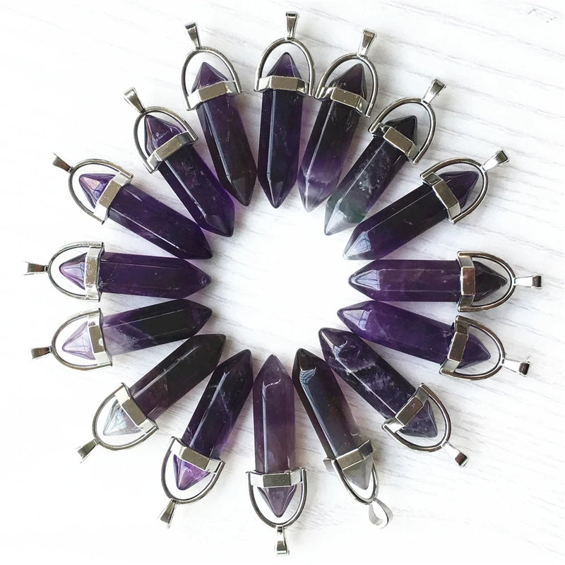 Natural Amethysts Crystal Point Charms Pendants&Necklace Set