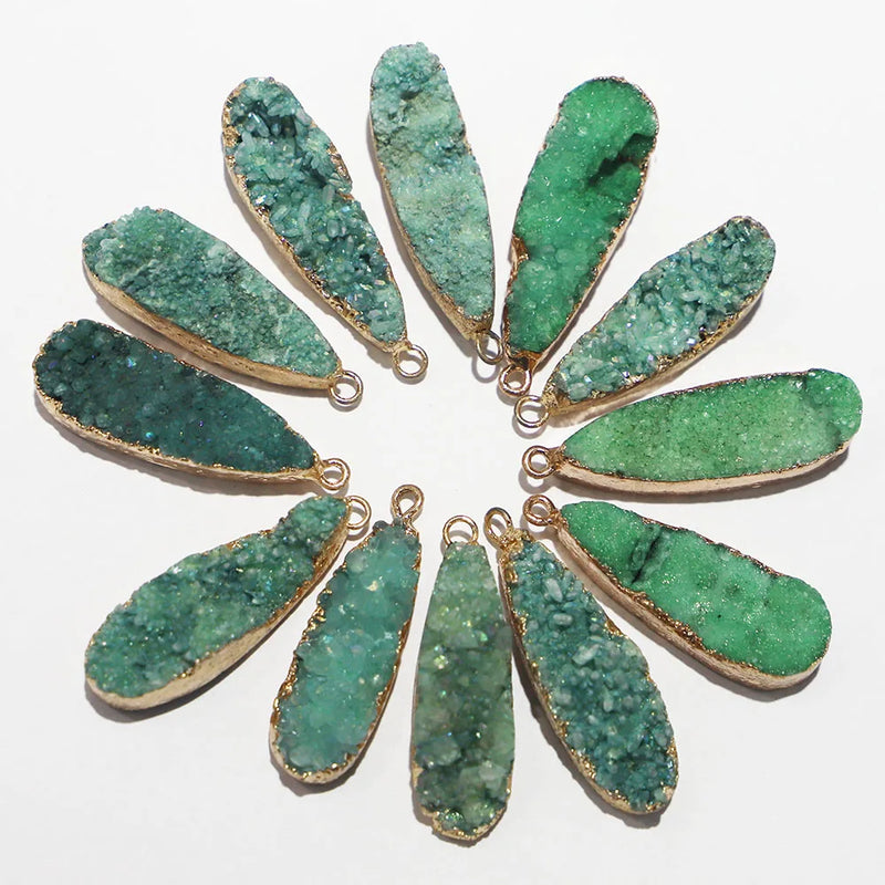 Green Water Drop Druzy Stone Necklace Pendant Metal Agate Slice Geode Rough 6Pcs