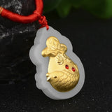 Hetian Jade Lucky Coin Fish Bag Pendant 24K Yellow For Women Men